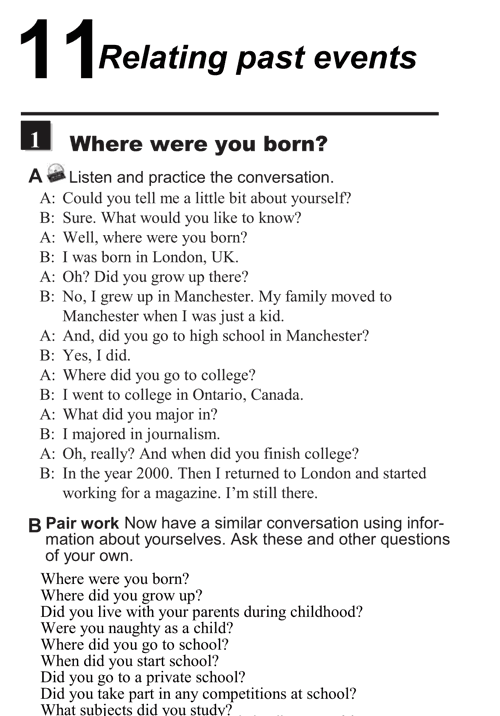 English conversations unit 11 - 1A - Relating  past events - where were you born