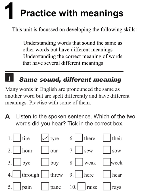 English listening skill test - Unit 1 - 1A - Practice with meanings - same sound, different meaning