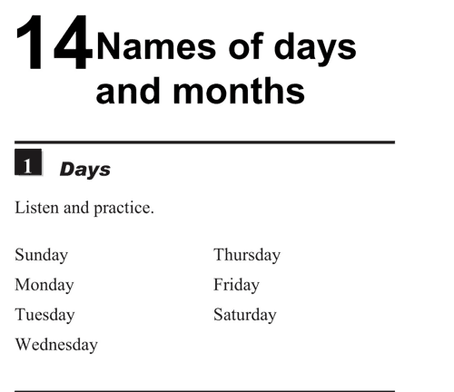 Names of days and months - days