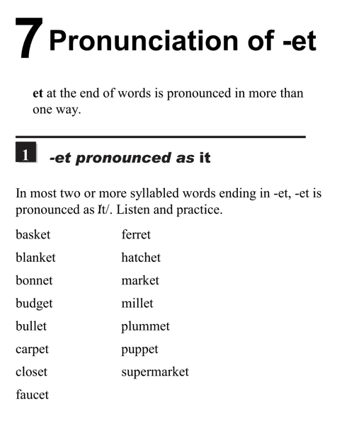 English pronunciation - unit 7 - 1 - Pronunciation of -et - et pronounced as it.